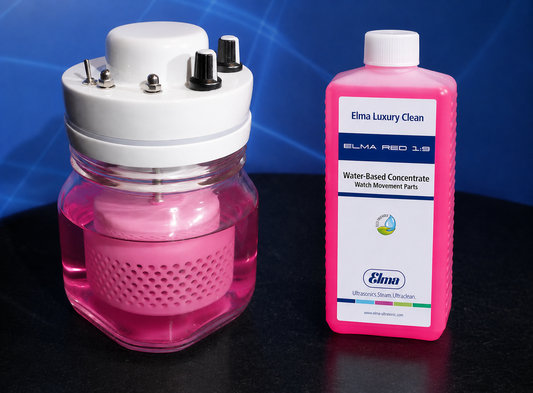 The Watch Cleaning Soution Elma Red 1:9 is the most common cleaning solution for ultarsonic bath and watch cleaning machines to clean watch movements and jewelery effectively